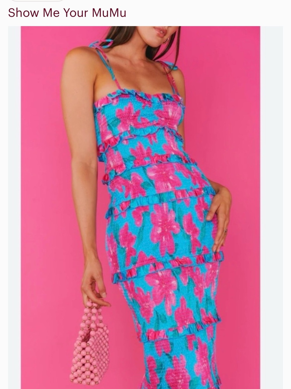 Show Me Your MuMu Blue & Pink Floral Ruffle Midi Smocked Tiered Dress sz 1X